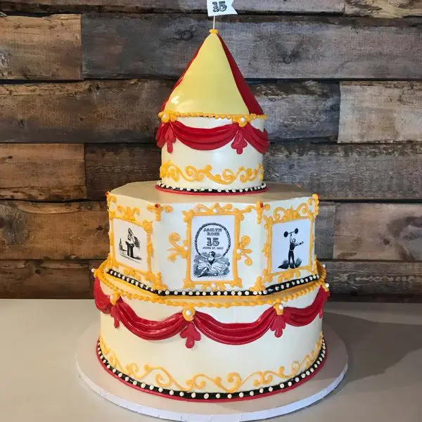 A cake that is shaped like a circus tent.