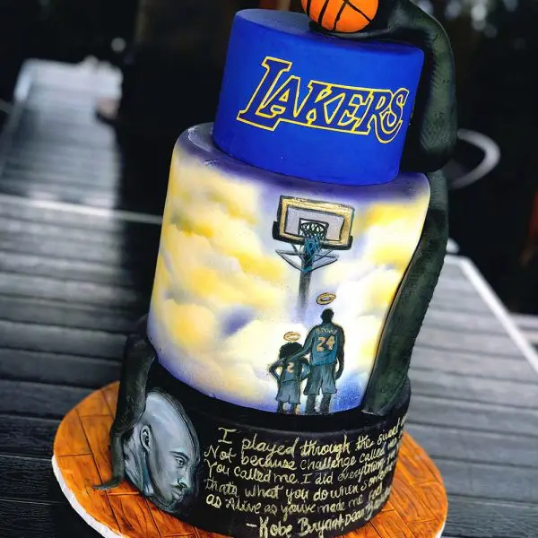 A lakers cake with the team logo on top.