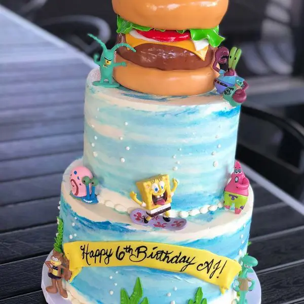 A birthday cake with spongebob and patrick on top.