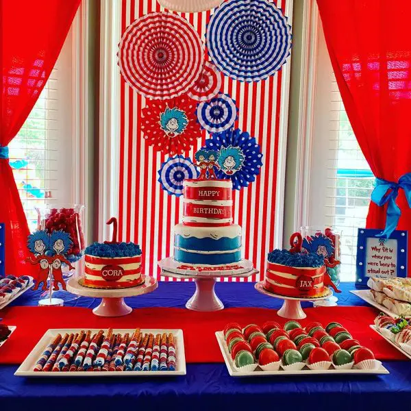 A table with red, white and blue decorations.